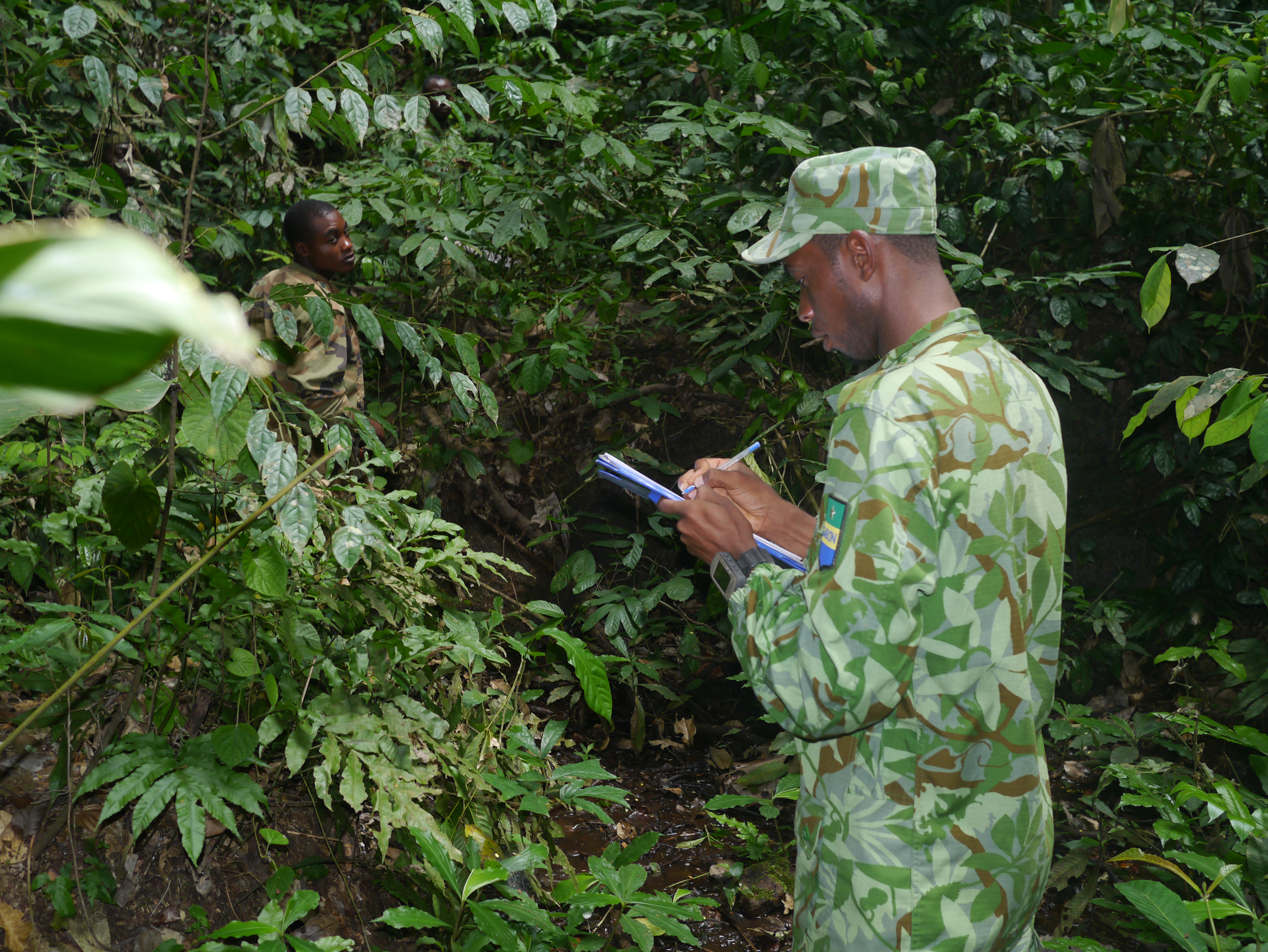 Gabonese park guards on a monitoring patrol