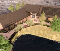 This rendering shows a birdseye view the main entry of the new visitor center and office.