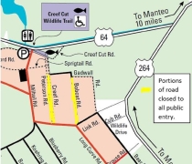 Multi-colored map of road closures on Alligator River NWR