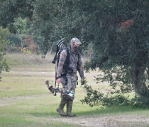 Archer carrying bow and tree stand walks along dirt road to hunt in the forest on Bulls Island.