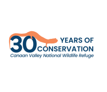 A stylized graphic of a salamander crawling over some text. In big letters the text reads, "30 Years of Conservation." Below that the text reads, "Canaan Valley National Wildlife Refuge."