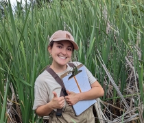 A biologist in waders stands in a wetland while holding a clipboard.