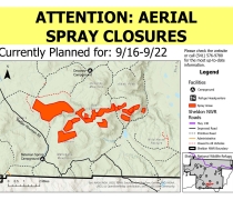 Aerial Spray Closure map for 14 polygons showing where the herbcides and closures are located. Areas are outlined east of Badger Mountain Road, Badger Campground, and Bateman Spring Campground, south of Devaney Campground, north of Mahogany Mountain. 