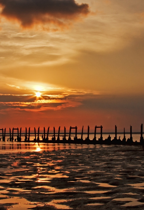 Remains of old pier at sunset