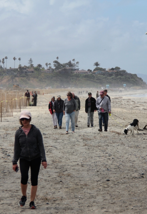 People walking along a beach on a hazy day