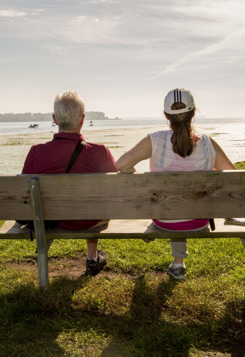 A man and a woman sit on a bench, with their backs to us, facing the river at Detroit River International Wildlife Refuge.