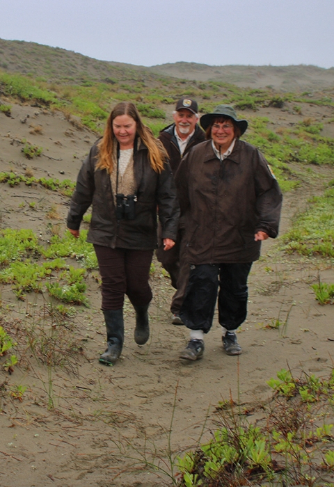 Three people walk on a sand dune