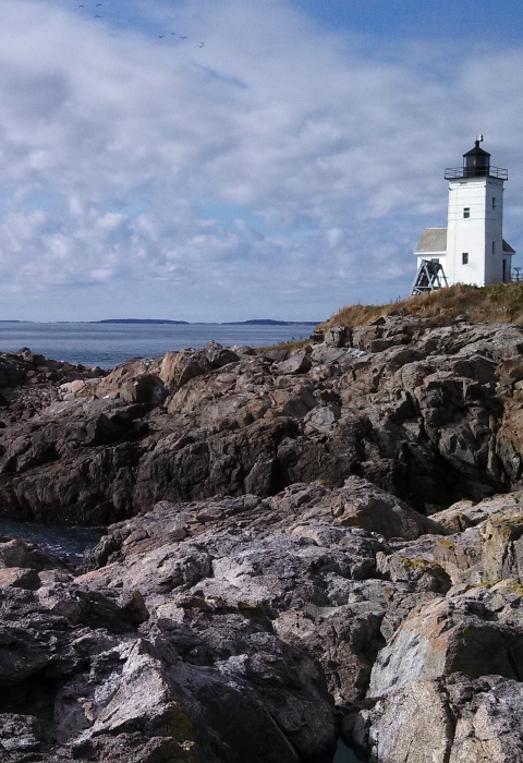 Two Bush Island Lighthouse and rocky shoreline 