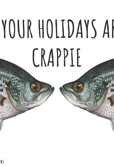 An illustration of two fish called crappies are in front of a white background. The fish seem to look into each other’s eyes. Text over the fish says “Hope your holidays aren’t crappie.” 