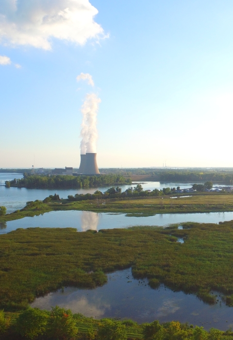 Aerial view looking down to a green marsh next to Lake Erie with large nuclear power cooling towers in the background