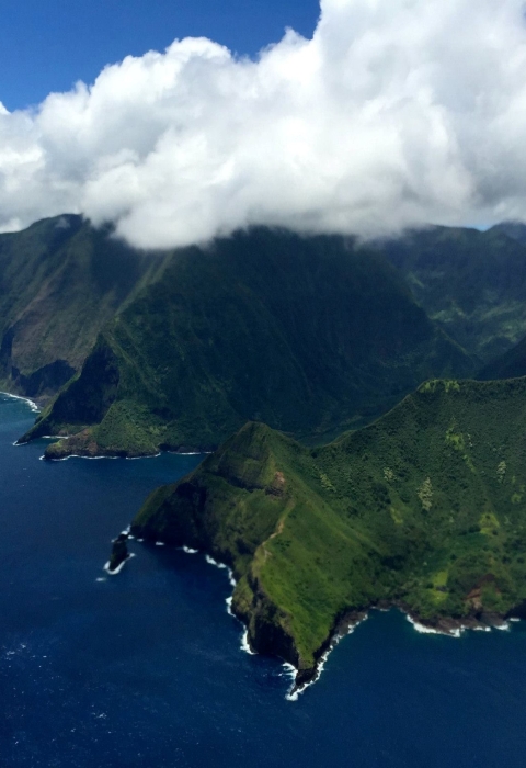 An aerial view of the north shore of the island of Moloka'i in the state of Hawai'i. 