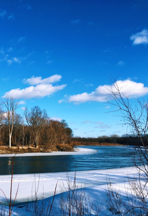 Open river in winter with snow on ground and blue bird sky.
