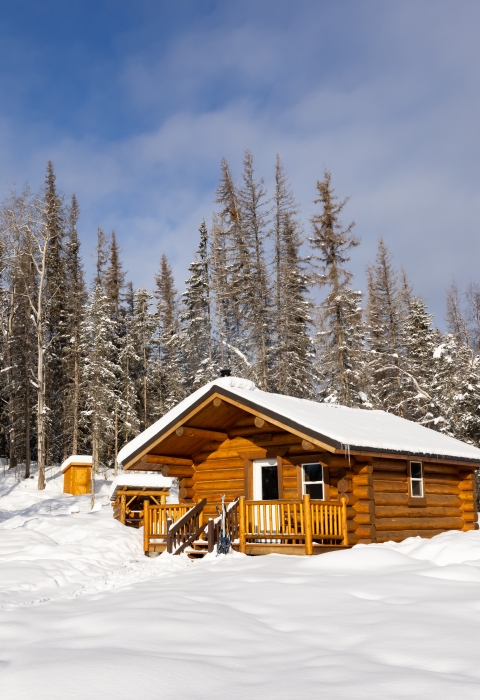 A wood cabin stands in the snow at the edge of a forest.