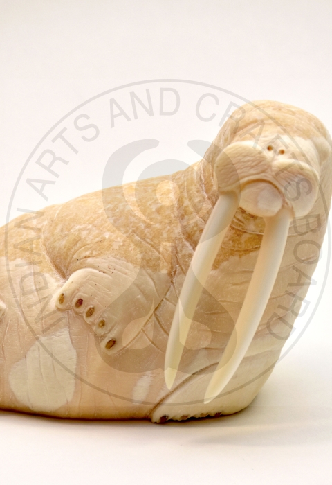 ivory carving of walrus with watermark reading Indian Arts and Crafts Board