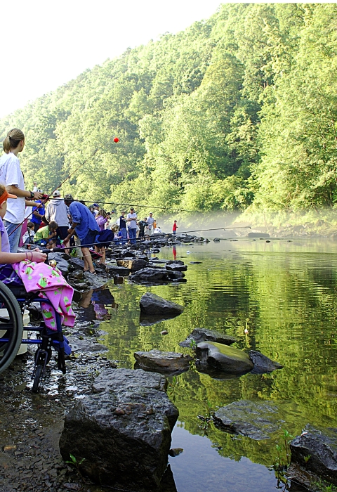 A line of children along a riverbank fishing, first one using wheelchair 