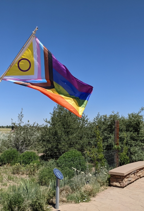 colorful flag flies over sign that reads, Bird and Butterfly Garden above smaller text