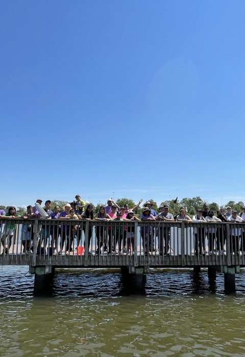 a group of people stand on a fishing pier 