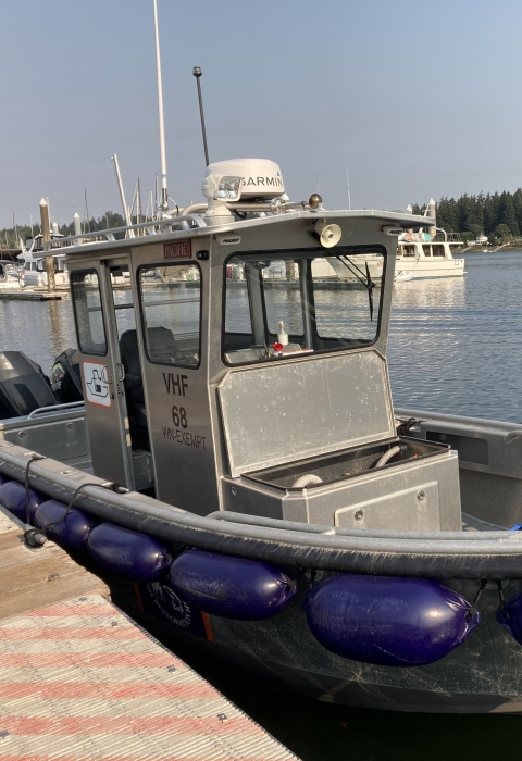 Pierce County's Mobile Pump-out boat docked in Gig Harbor