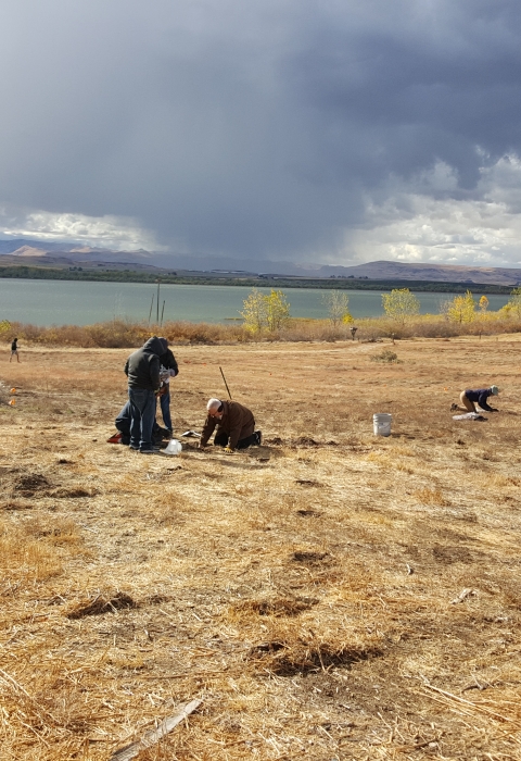 People scattered across a brown hillside, kneeling and standing, with a lake, yellow trees, and dramatic clouds behind.