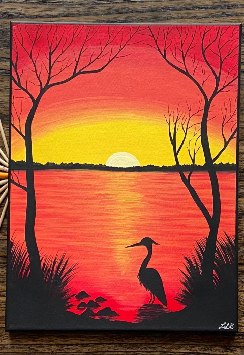 a painting of a bird sillhouette in front of a body of water with trees on each side. The sun is setting in the distance and the sky is glowing yellow and orange