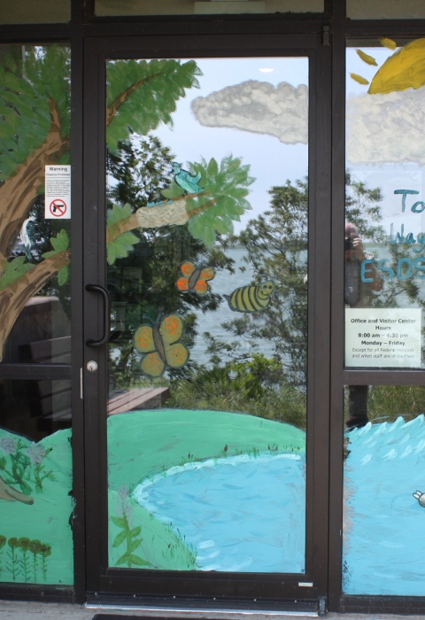 Artwork painted onto the front doors of a visitor center. The artwork depicts a tree, a pond with ducks, butterflies, and a sun behind a cloud. Words painted read Toka Nuwan Wayawa Tipi ESDS