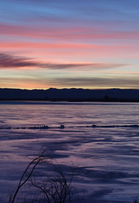 Early sunrise colors over a lake, with dark mountains in the distance