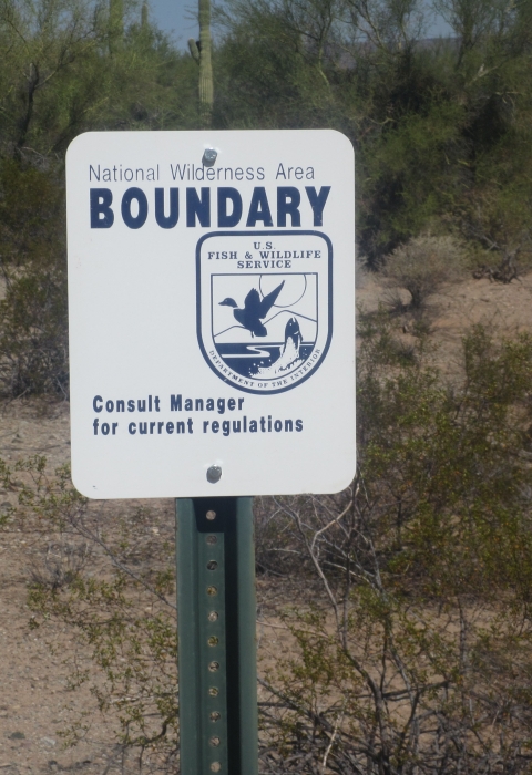 National Wilderness Area Sign with USFWS logo with Sonoran Desert plants behind