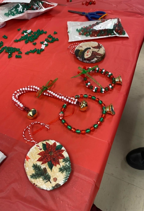 Christmas ornaments displayed on a table