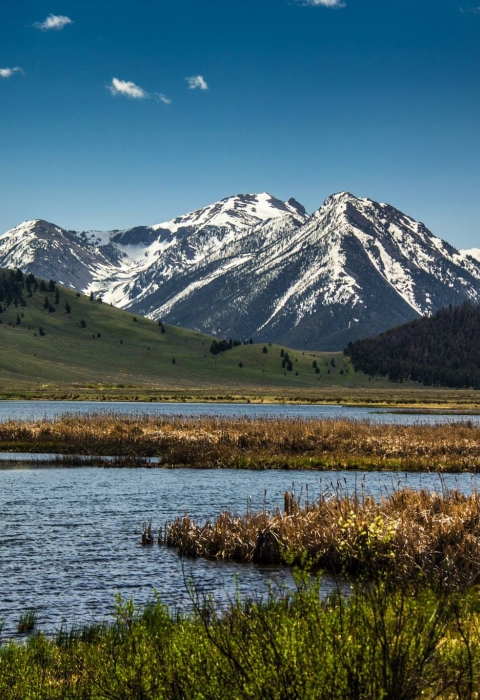 A snowcapped mountain sits in the background under a blue sky in front of green hills and a lake