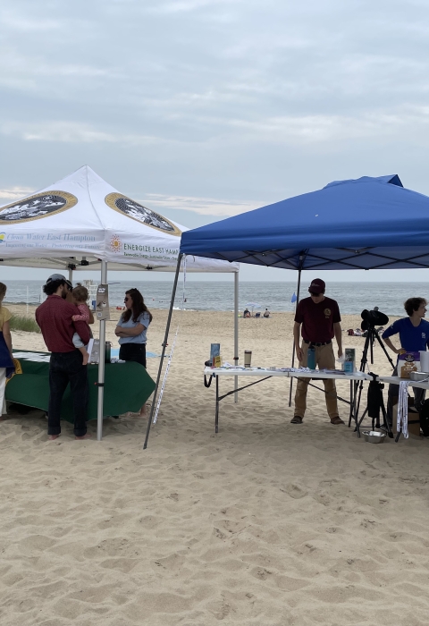 people gather under two shelters on a sandy beach with a cloudy sky behind