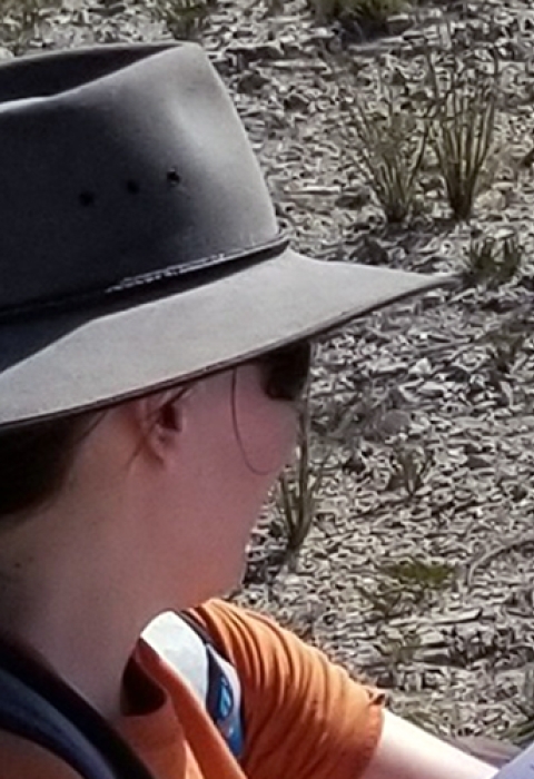 A person wearing a hat stands near a cliff and looks towards look towards a river valley.