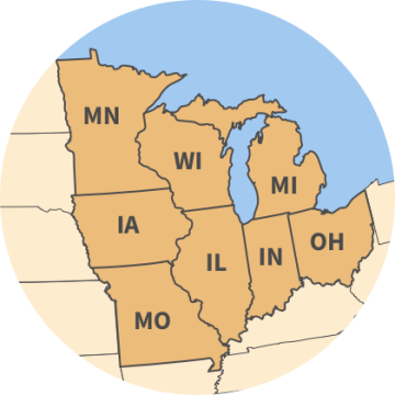 A map of the Midwest Region including Illinois, Indiana, Iowa, Michigan, Minnesota, Missouri, Ohio and Wisconsin