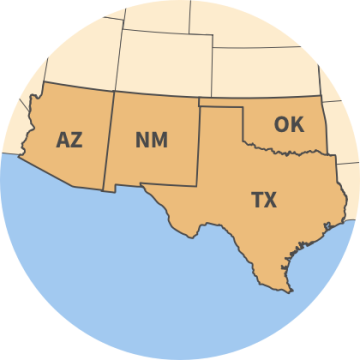 map of the Southwest region including Arizona, New Mexico, Oklahoma, and Texas