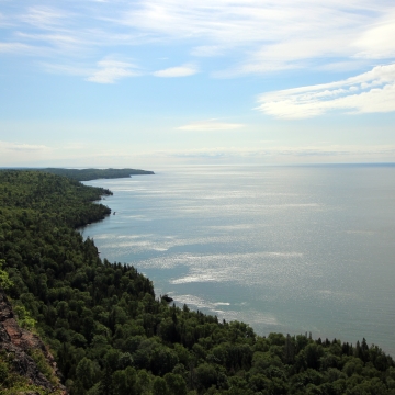 A forested coastline along a large lake.