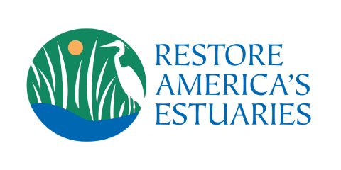 Logo for Restore America's Estuaries. A circle with stylistic estuary scene 