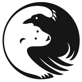 a bear and raven embrace in black and white