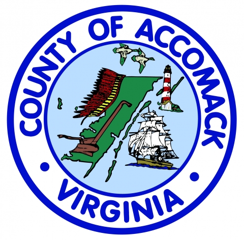 Outline of the Eastern Shore of Virginia with ducks, a ship, lighthouse, old style plow and a headdress surrounded by words County of Accomack Virginia