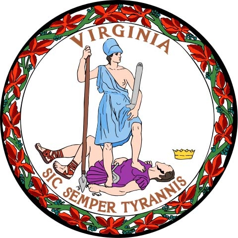A person standing victorious over another with words Virginia sic semper tyrannis 