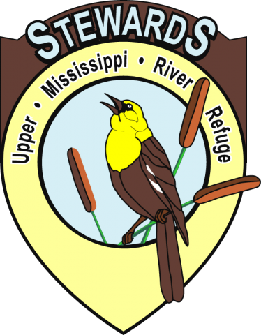 The Stewards of the Upper Mississippi River Refuge logo shows a yellow-headed blackbird perched on a cattail surrounded by the name of the group