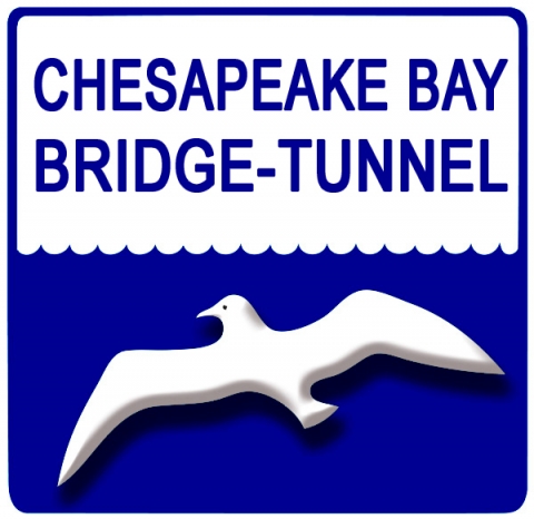 A white bird on a blue background under the words Chesapeake Bay Bridge-Tunnel