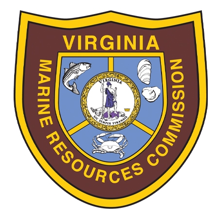 Crab, fish and shells in a shield shape with the words Virginia Marine Resources Commision