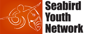 Orange background with white illustration of person with outstretched arms and puffin head merging into one image. The words Seabird Youth Network appear alongside the image.