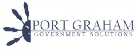 words that read port graham government solutions next to a mask with feathers coming out of it