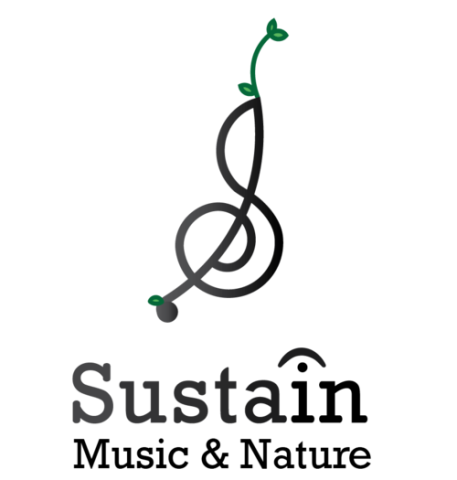 Graphic of a treble clef with green leaves and text of Sustain music and nature