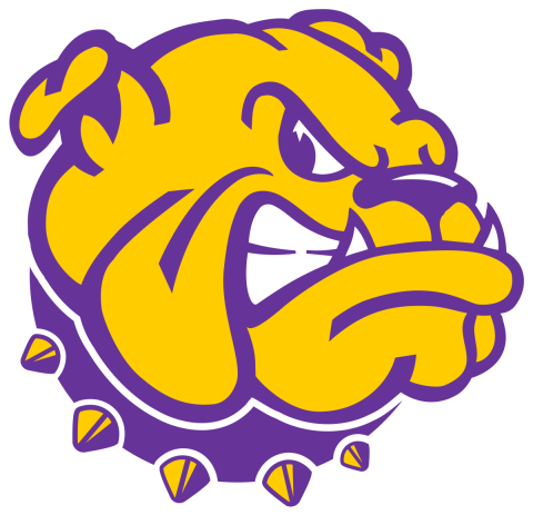 Western Illinois University logo. Yellow bulldog with purple collar