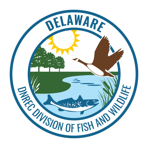 Round Delaware Division of Fish and Wildlife logo with waterfowl and fish. 