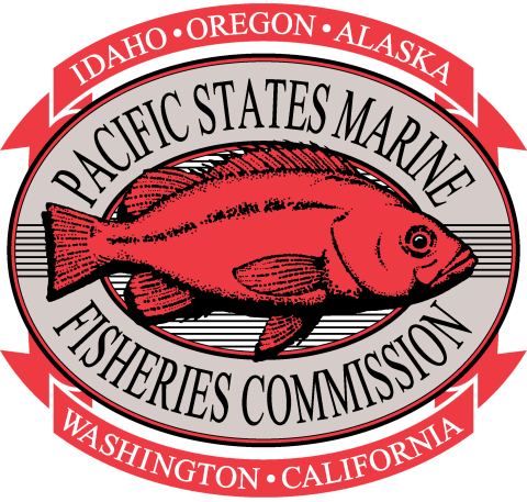 Pacific States Marine Fisheries Commision company logo. Red-colored rockfish surrounded by company name and the states they operate under: Idaho, Oregon, Alaska, Washington, and California.