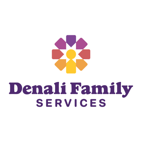  a logo reading "Denali Family Services" with an emblem with a yellow circle in the middle and different colored geometric shapes surrounding it