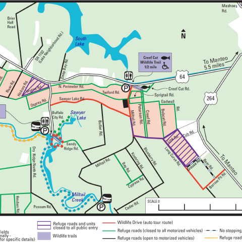 A complex map showing the refuge boundary, roads, and walking trails, colored in purple, green, and yellow to indicate access. For accessibility, please call 252-473-1131