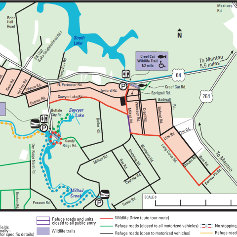 A complex map showing the refuge boundary, roads, and walking trails, colored in purple, green, and yellow to indicate access. For accessibility, please call 252-473-1131
